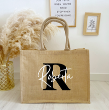 Carica l&#39;immagine nel visualizzatore di Gallery, Borsa juta personalizzata con iniziali e nome colore avana