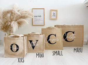 Borsa juta personalizzata con iniziali e nome colore avana